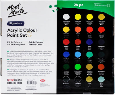 Mont Marte Acrylic Paint Set 24 Colours 36ml, Perfect for Canvas, Wood, Fabric, Leather, Cardboard, Paper, MDF and Crafts
