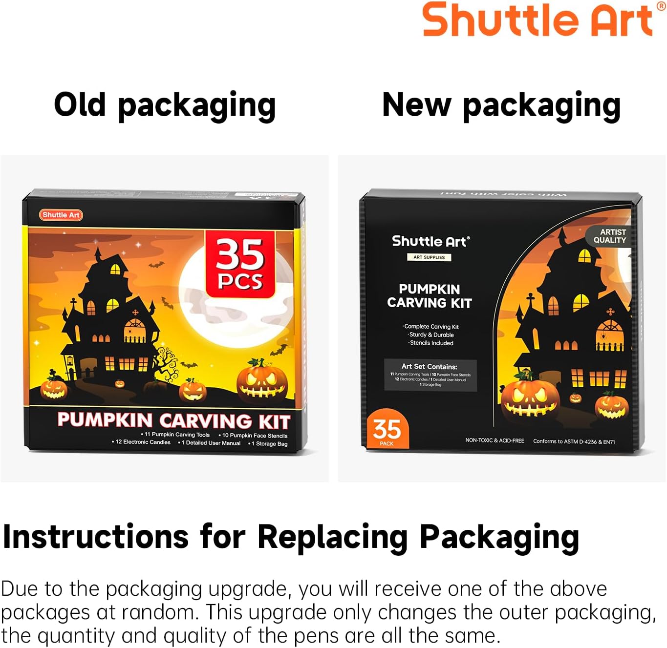 Shuttle Art 35 PCS Halloween Pumpkin Carving Kit, 11 PCS Professional Stainless Steel Pumpkin Carving Tools with 10 Stencils and 12 Electronic Candles, Safe, Fun and Durable for Kids Adults Carving