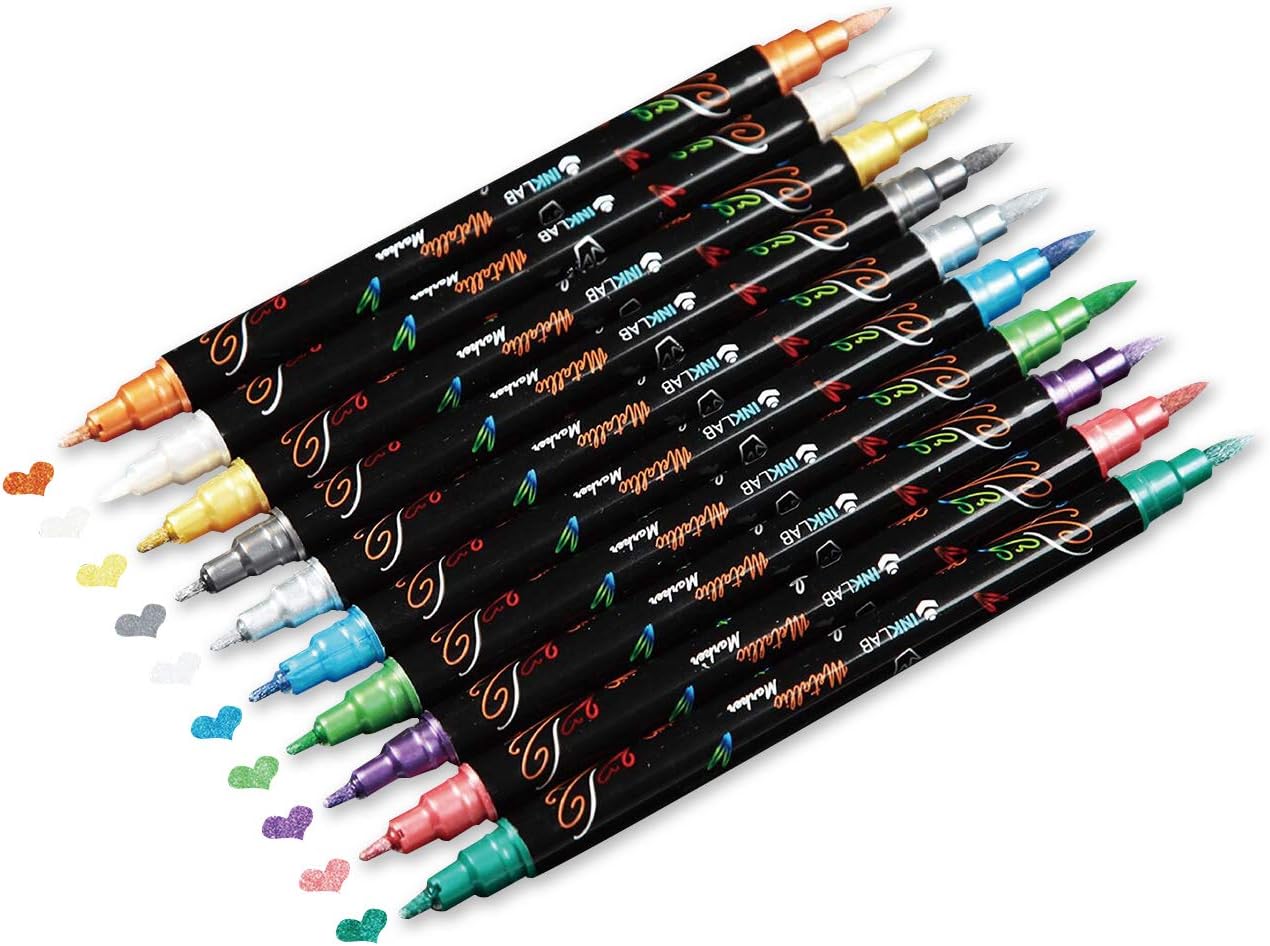 INK LAB Metallic Marker Pens Dual Tip 10 Colors Metallic Pens for Card Making Rock Painting Album Scrapbook Metal Wood Ceramic Glass, Medium & Brush Tip