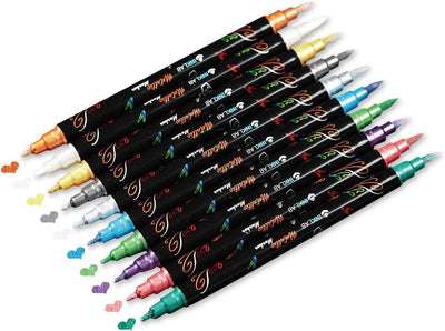 INK LAB Metallic Marker Pens Dual Tip 10 Colors Metallic Pens for Card Making Rock Painting Album Scrapbook Metal Wood Ceramic Glass, Medium & Brush Tip