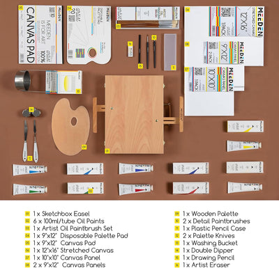 MEEDEN Oil Painting Kit, Painting Sets with Sketch Easel Box, Professional Art Paint Supplies Kit with Paint Brushes, Palette Knives, Canvases for Painting Supplies for Adults