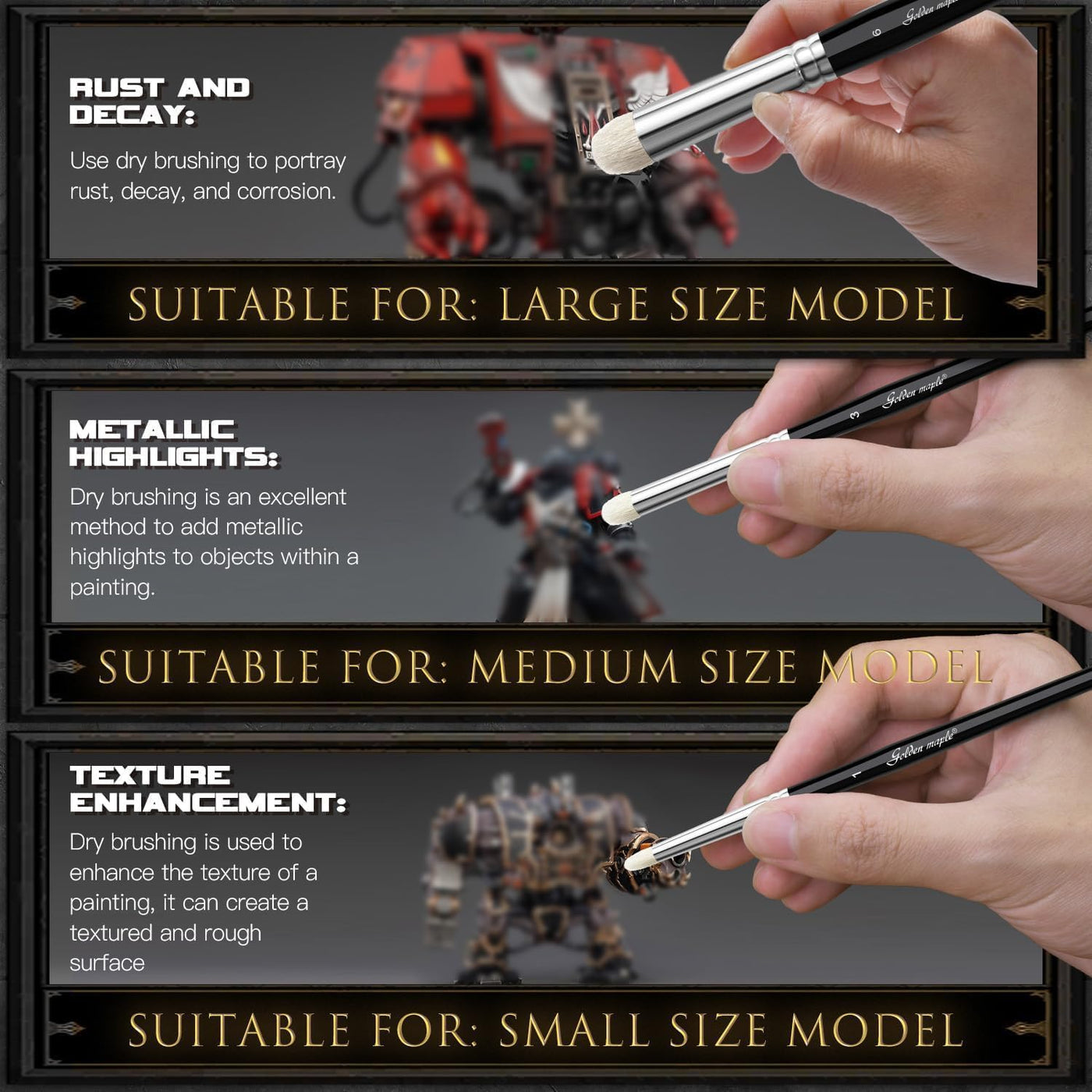 Golden Maple Dry Brush Miniature Painting Drybrush Set - 6PC Professional Modellers Miniature Paint Brushes for Miniatures, Model, Enamel & Fantasy Figurines Painting