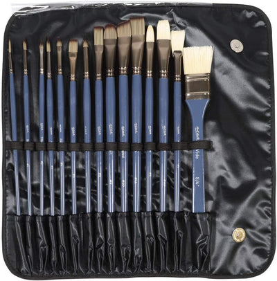 Mont Marte Premium Paint Brush Set 15 Piece, Includes 15 Different Brushes in a Roll Case with Magnetic Closure, Suitable for Watercolour, Acrylic and Oil Painting