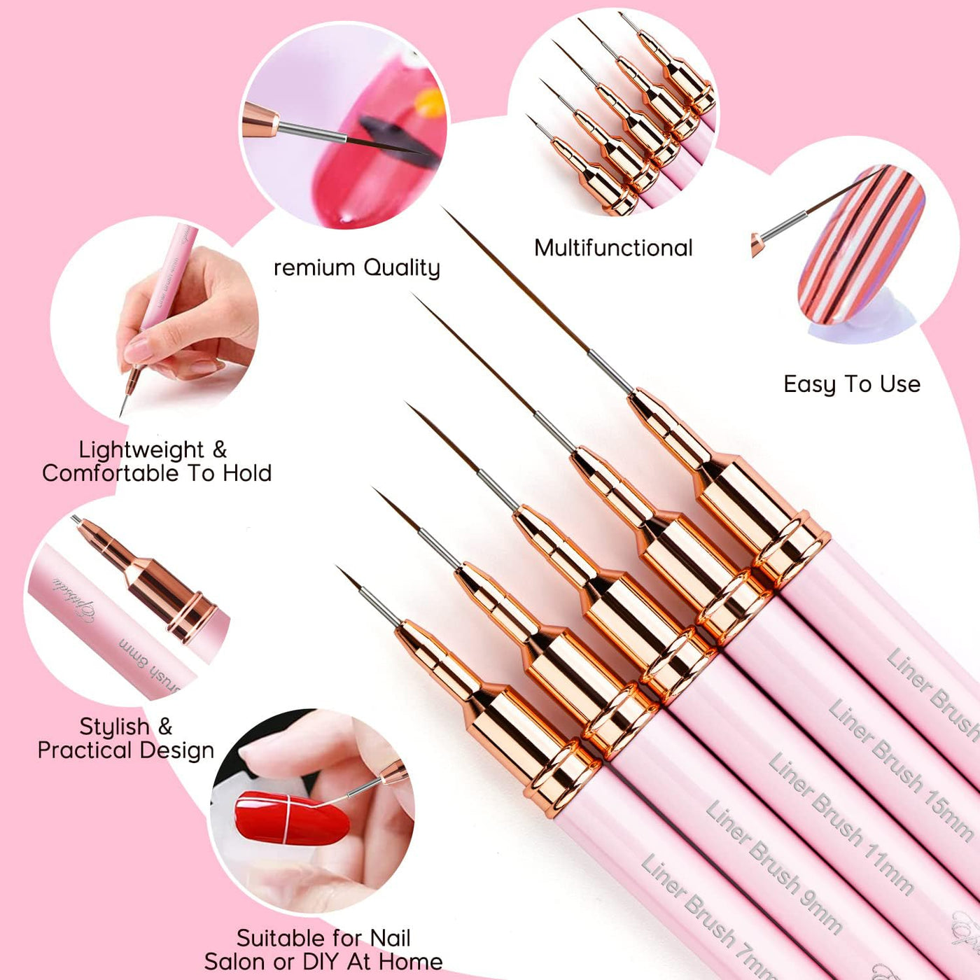 Nail Art Liner Brushes - Eptbsdu 5PC Nail Art Brush for Long Lines, Liner Brush UV Gel Polish Painting Nail Design Brush Metal Handle Nail Drawing Pens, Sizes 7/9/11/15/25mm