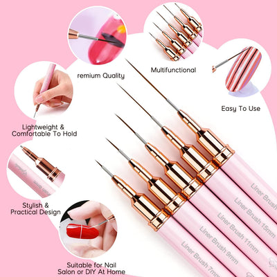 Nail Art Liner Brushes - Eptbsdu 5PC Nail Art Brush for Long Lines, Liner Brush UV Gel Polish Painting Nail Design Brush Metal Handle Nail Drawing Pens, Sizes 7/9/11/15/25mm