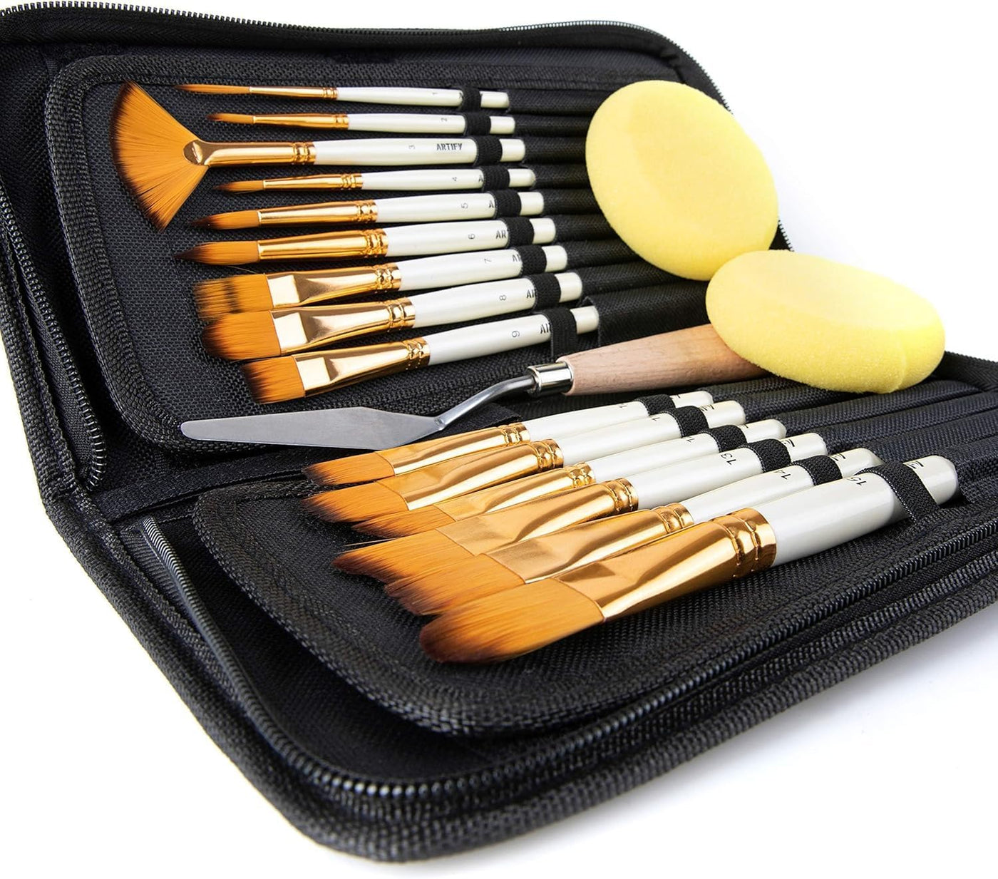 18 Piece Paint Brush Set, ARTIFY 15 Acrylic Paint Brushes, Palette Knife, and 2 Sponges, Professional Artist Paint Brushes for Acrylics, Watercolors, Gouache, Canvas, and Face Painting, Pearl White