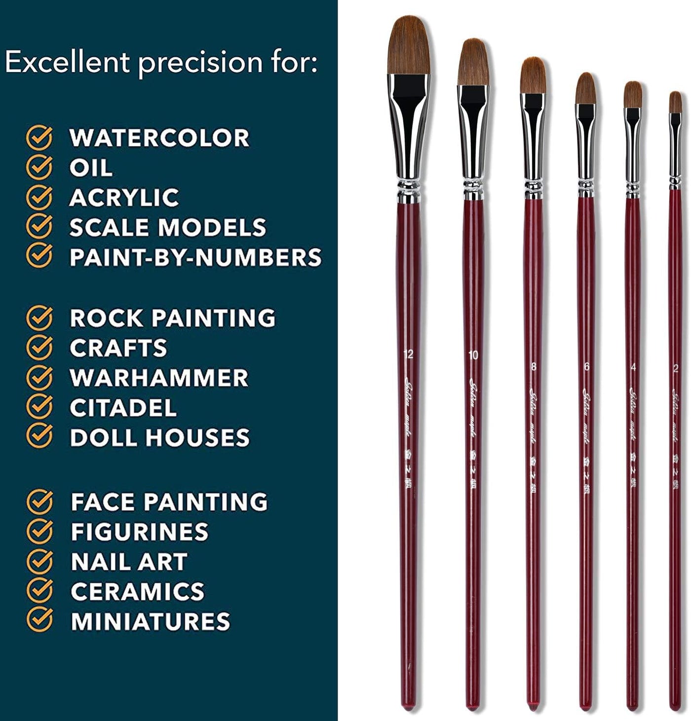 Golden Maple Artist Paint Brushes Red Sable Long Handle, Filbert Paint Brush Set for Acrylic, Gouache and Watercolor Painting Offering Excellent Paint Holding and Easy Flow of Paint