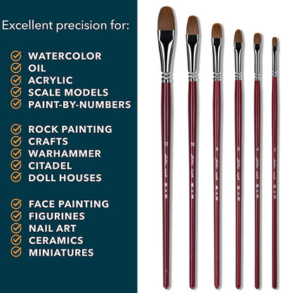 Golden Maple Artist Paint Brushes Red Sable Long Handle, Filbert Paint Brush Set for Acrylic, Gouache and Watercolor Painting Offering Excellent Paint Holding and Easy Flow of Paint
