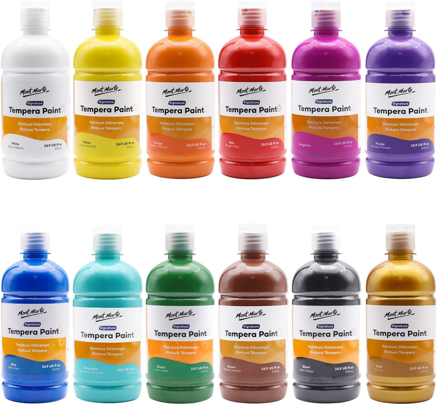 Mont Marte Tempera Paint Set 12pc x 16.9 US fl.oz (500ml), 12 Bottles of Tempera Style Kids Paint, Washable for Kids Art and Craft, Non Toxic, Easy to Clean.
