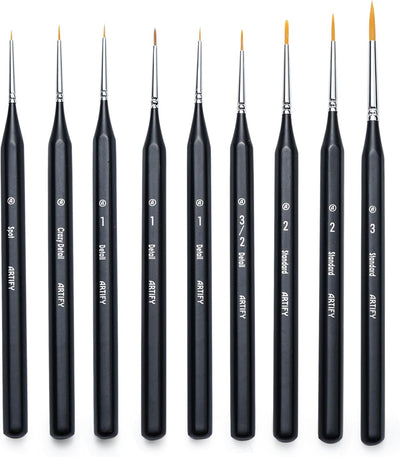 ARTIFY Miniature Detail Paint Brush Set: 9-Piece Round Fine Tip Small Model Paintbrushes, Thin Mini Tiny Micro Paint Brushes for Miniature Art Painting Accessories