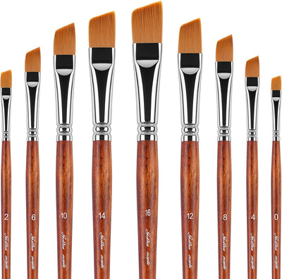 Golden Maple Angular Paint Brushes, 9PC Oblique Tip Nylon Hair Short Handle Artist Angled Paint Brushes Set for Acrylic, Watercolor, Gouache and Oil Painting, Bronze