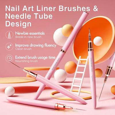 Nail Art Liner Brushes - Eptbsdu 5PC Nail Art Brush for Long Lines, Liner Brush UV Gel Polish Painting Nail Design Brush Metal Handle Nail Drawing Pens, Sizes 7/9/11/15/25mm