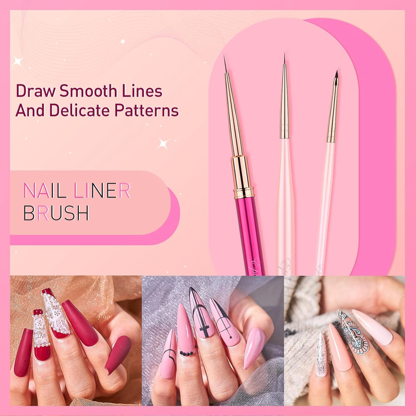 Nail Art Brushes Set, 3PC Mini Nail Art Design Tiny Detailer Brushes, Nail Art Liner Long Striping Brush and 3d Brush For Flower Gel Polish Manicure Salon DIY at Home