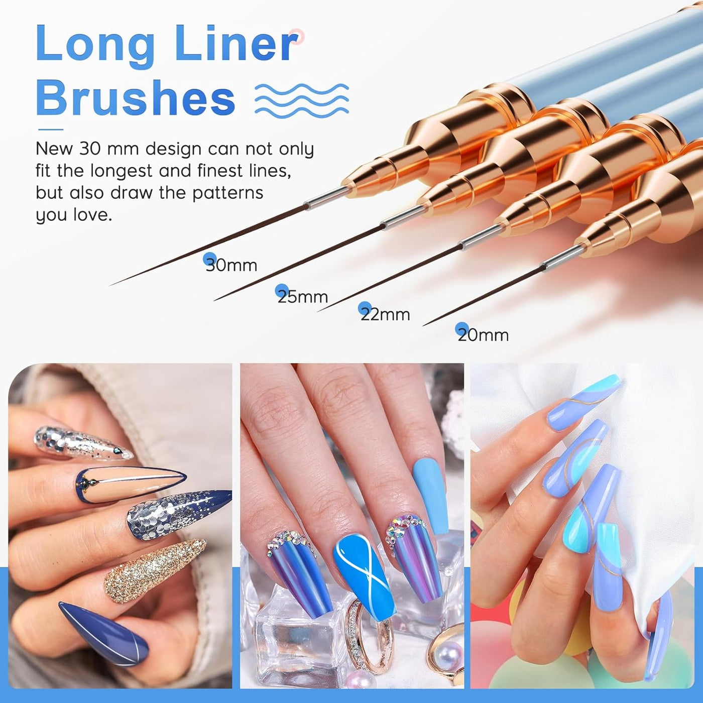 Nail Art Brushes, Double-Ended 10PCS Head Long Nail Art Liner Brushes Nail Design Brushes for Long Lines,Tiny Details,Fine Drawing Nail Brushes for Nail Art,Sizes 5/7/9/10/11/15/20/22/25/30