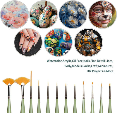 Golden Maple Detail Paint Brush Set, 12pcs Fine Miniature Paint Brushes Kit with Fan Brush Perfect for Acrylic, Oil, Watercolor, Model, Face, Paint by Numbers