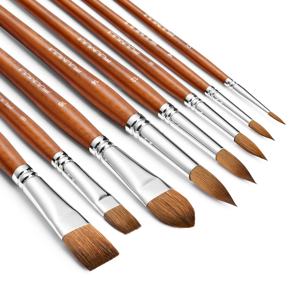 Sable Watercolor Brushes Professional, Fuumuui 8Pcs Sable Brush Set Variety Shapes with Flat, Round Pointed, Cat's Tongue Oval Wash Perfect for Watercolor Acrylic Gouache Inks Painting