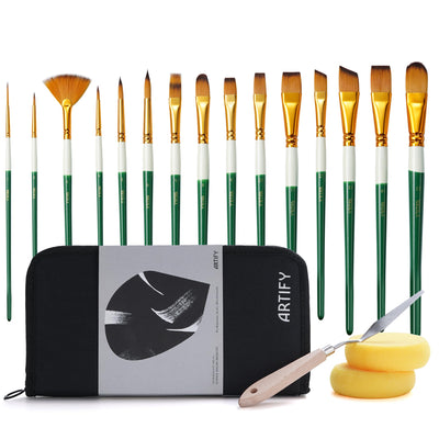 18 Piece Paint Brush Set, ARTIFY 15 Acrylic Paint Brushes, Palette Knife, and 2 Sponges, Professional Artist Paint Brushes for Acrylics, Watercolors, Gouache, Canvas, and Face Painting, Pearl White