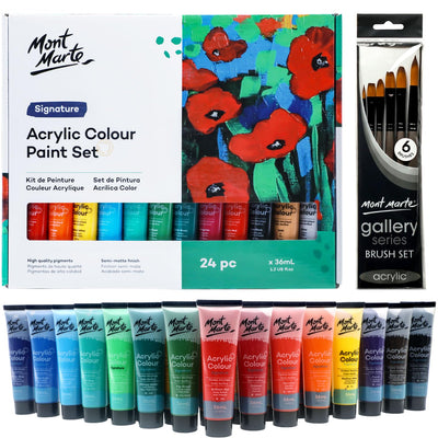 Mont Marte Acrylic Paint Set 24 Colours 36ml, Perfect for Canvas, Wood, Fabric, Leather, Cardboard, Paper, MDF and Crafts