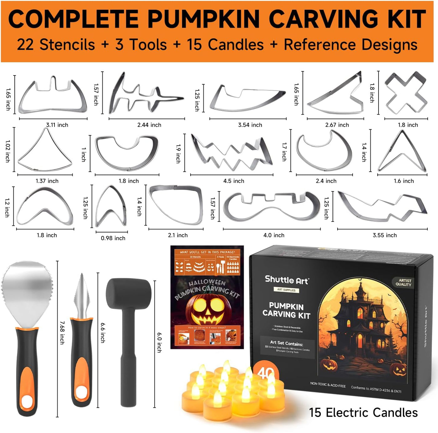 Shuttle Art 40PCS Pumpkin Carving Kit, 22 PCS Stainless Steel Pumpkin Carving Stencils with 15 Electronic Candles & 3 Carving Tools, Easy Safe Fun and Durable for Kids Adults Pumpkin Carving