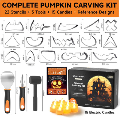Shuttle Art 40PCS Pumpkin Carving Kit, 22 PCS Stainless Steel Pumpkin Carving Stencils with 15 Electronic Candles & 3 Carving Tools, Easy Safe Fun and Durable for Kids Adults Pumpkin Carving