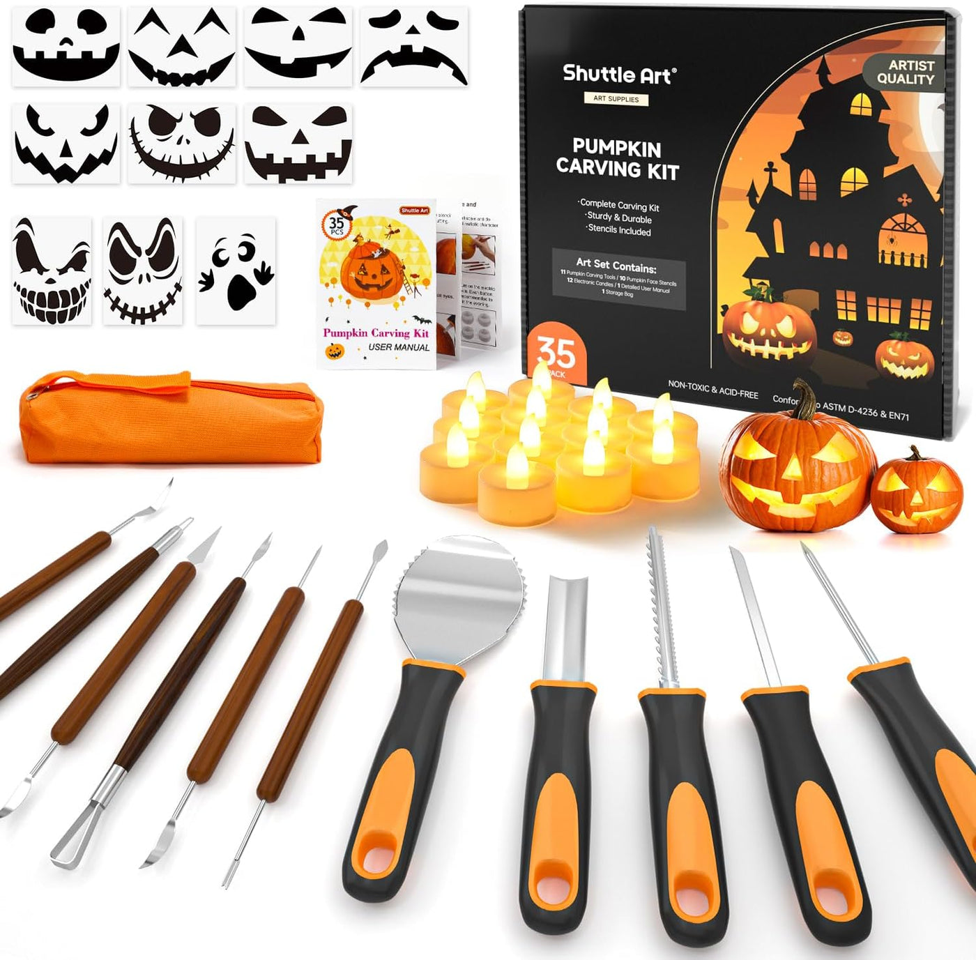 Shuttle Art 35 PCS Halloween Pumpkin Carving Kit, 11 PCS Professional Stainless Steel Pumpkin Carving Tools with 10 Stencils and 12 Electronic Candles, Safe, Fun and Durable for Kids Adults Carving