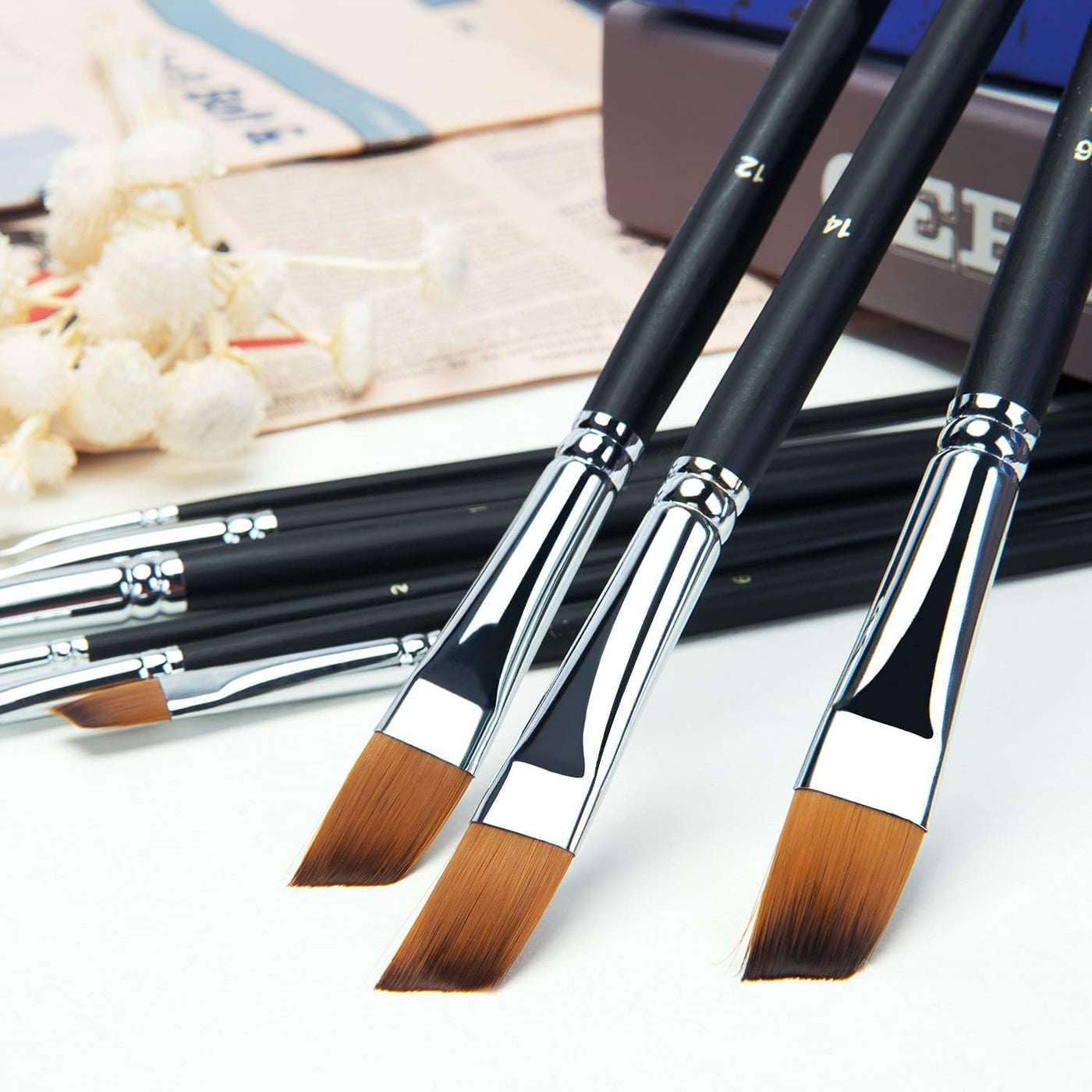 Golden Maple Angular Paint Brush, 9PC Oblique Tip Nylon Hair Long Handle Angled Paint Brushes Set Art Artist Professional Painting Supplies for Acrylic, Watercolor, Gouache and Oil Painting