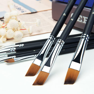 Golden Maple Angular Paint Brush, 9PC Oblique Tip Nylon Hair Long Handle Angled Paint Brushes Set Art Artist Professional Painting Supplies for Acrylic, Watercolor, Gouache and Oil Painting