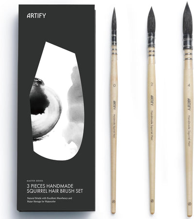 ARTIFY 3PCS Professional Natural Squirrel Hair Quill Round Fine Tip Detail Watercolor Brush Set | Ideal for Watercolor and Gouache Painting | Sizes #0, #2, #4