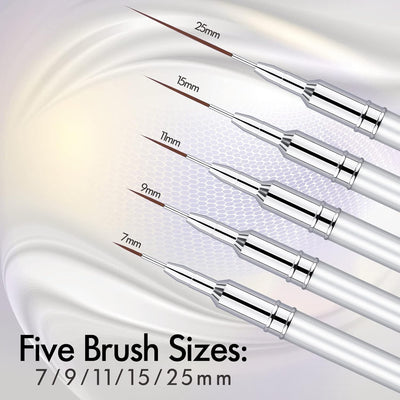 5PC Nail Art Brush Set - Long Lines, Liner, UV Gel Polish, Metal Handle, Sizes 7/9/11/15/25mm