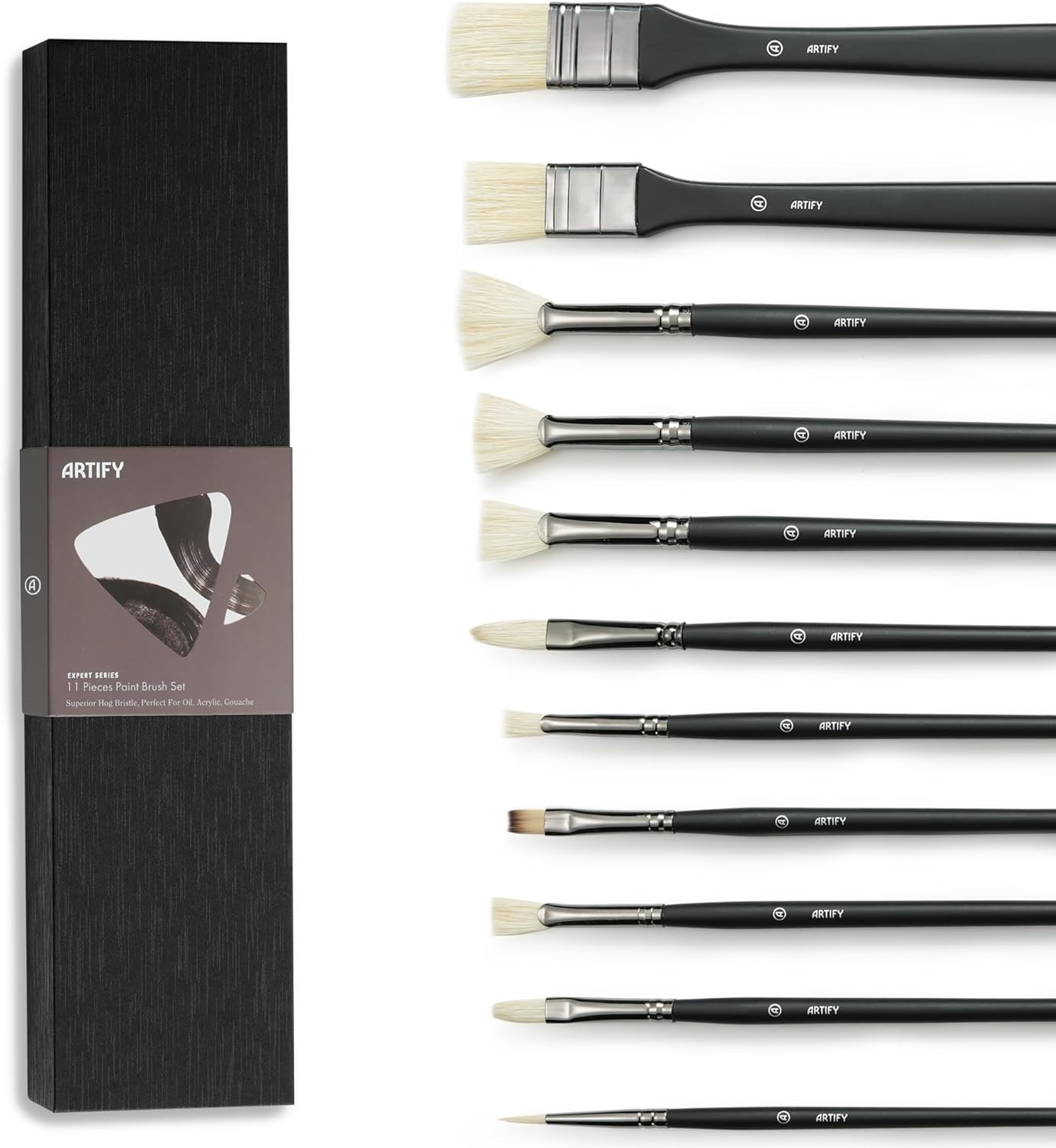 ARTIFY Oil Paint Brush Set - 11 Pieces | Professional Artist Paint Brush Set for Oil, Acylic and Gouache | Natural Hog Bristle Brushes with an Additional Nylon Brush