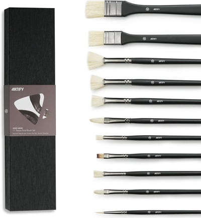 ARTIFY Oil Paint Brush Set - 11 Pieces | Professional Artist Paint Brush Set for Oil, Acylic and Gouache | Natural Hog Bristle Brushes with an Additional Nylon Brush