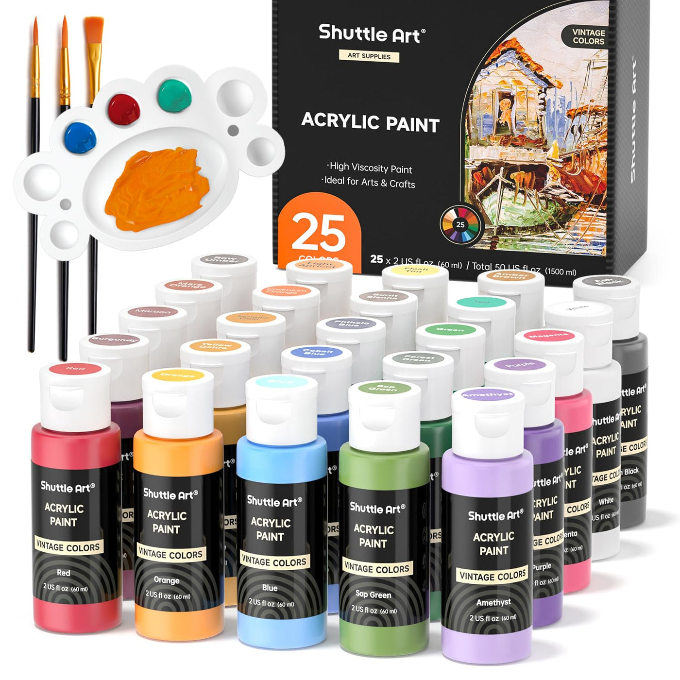 Shuttle Art Acrylic Paint Set, 36 Colors Acrylic Paint with Brushes & Palette, 2oz/60ml Bottles, Rich Pigments Non-toxic for Artists Kids & Adults, Painting on Canvas Rock Ceramic Wood