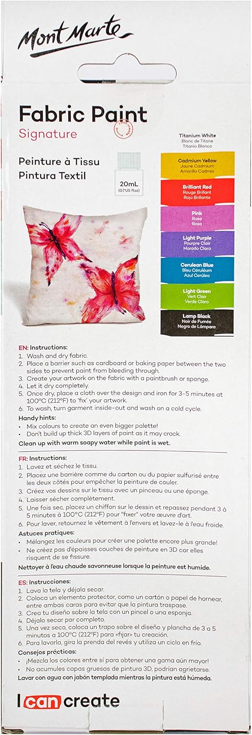 Mont Marte Permanent Fabric Paint Set 8 x 20ml Vivid Colours for Textile, Fabric, T-Shirt, Canvas, Wood, Ceramic, Glass