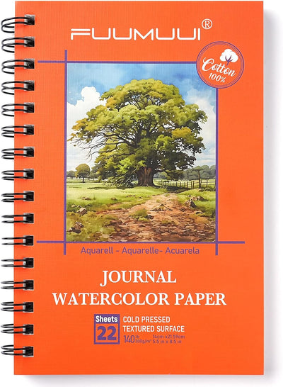 Fuumuui Watercolor Sketchbook - 5.5x8.5-inch, 100% Cotton Paper, Cold Pressed, 140 lb/300gsm, 22 Sheets for Travel Notebook