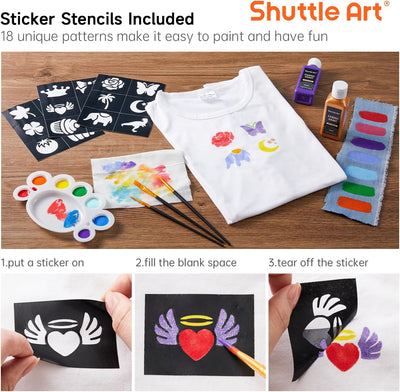 Fabric Paint, Shuttle Art 18 Colors Permanent Soft Fabric Paint in Bottles (60ml/2oz) with Brushes, Palette, Stencils, Non-Toxic Textile Paint for T-Shirts, Shoes, Jeans, Bags, DIY Projects&Art