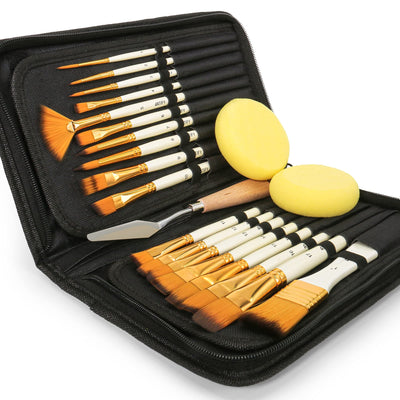 18 Piece Paint Brush Set, ARTIFY 15 Acrylic Paint Brushes, Palette Knife, and 2 Sponges, Professional Artist Paint Brushes for Acrylics, Watercolors, Gouache, Canvas, and Face Painting, Pearl White