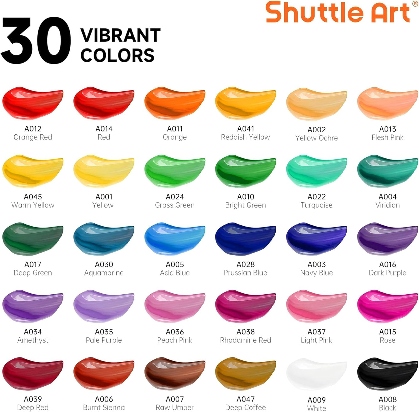 Shuttle Art Acrylic Paint Set, 30 x12ml Tubes Artist Quality Non Toxic Rich Pigments Colors Great for Kids Adults Professional Painting on Rocks Canvas Wood Clay Fabric Ceramic Crafts