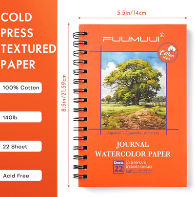 Fuumuui Watercolor Sketchbook - 5.5x8.5-inch, 100% Cotton Paper, Cold Pressed, 140 lb/300gsm, 22 Sheets for Travel Notebook