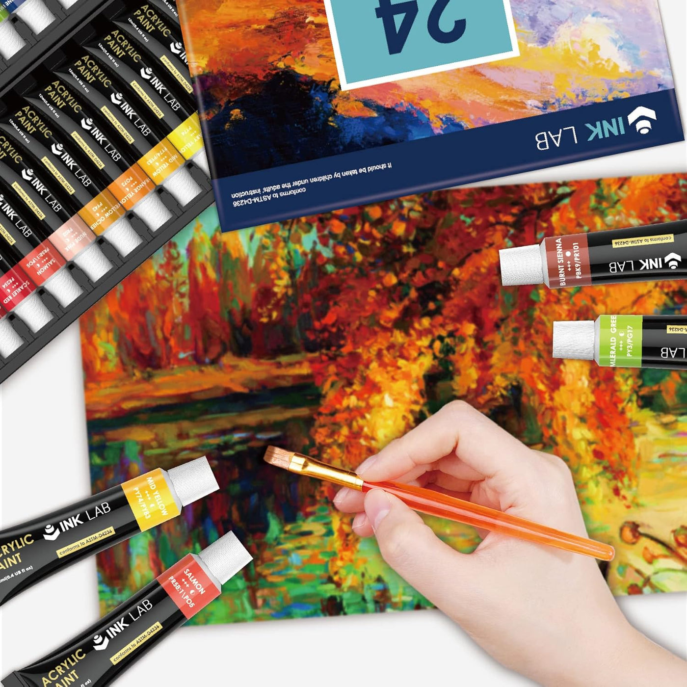 INK LAB Acrylic Paint Set 24 Tubes Non Toxic Acrylic Craft Paints for Artists Beginners Canvas Wood Painting, No Fading & Rich Pigment, 12ml/Tube