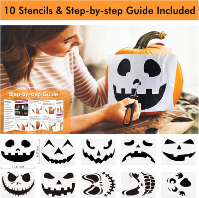 Shuttle Art 20 PCS Halloween Pumpkin Carving Kit, 10 PCS Professional Heavy Duty Stainless Steel Pumpkin Carving Tools with 10 Pumpkin Stencils and Carrying Case, Safe and Durable for Kids Adults