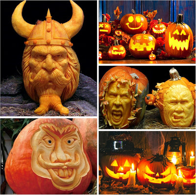 Shuttle Art 35 PCS Halloween Pumpkin Carving Kit, 11 PCS Professional Stainless Steel Pumpkin Carving Tools with 10 Stencils and 12 Electronic Candles, Safe, Fun and Durable for Kids Adults Carving