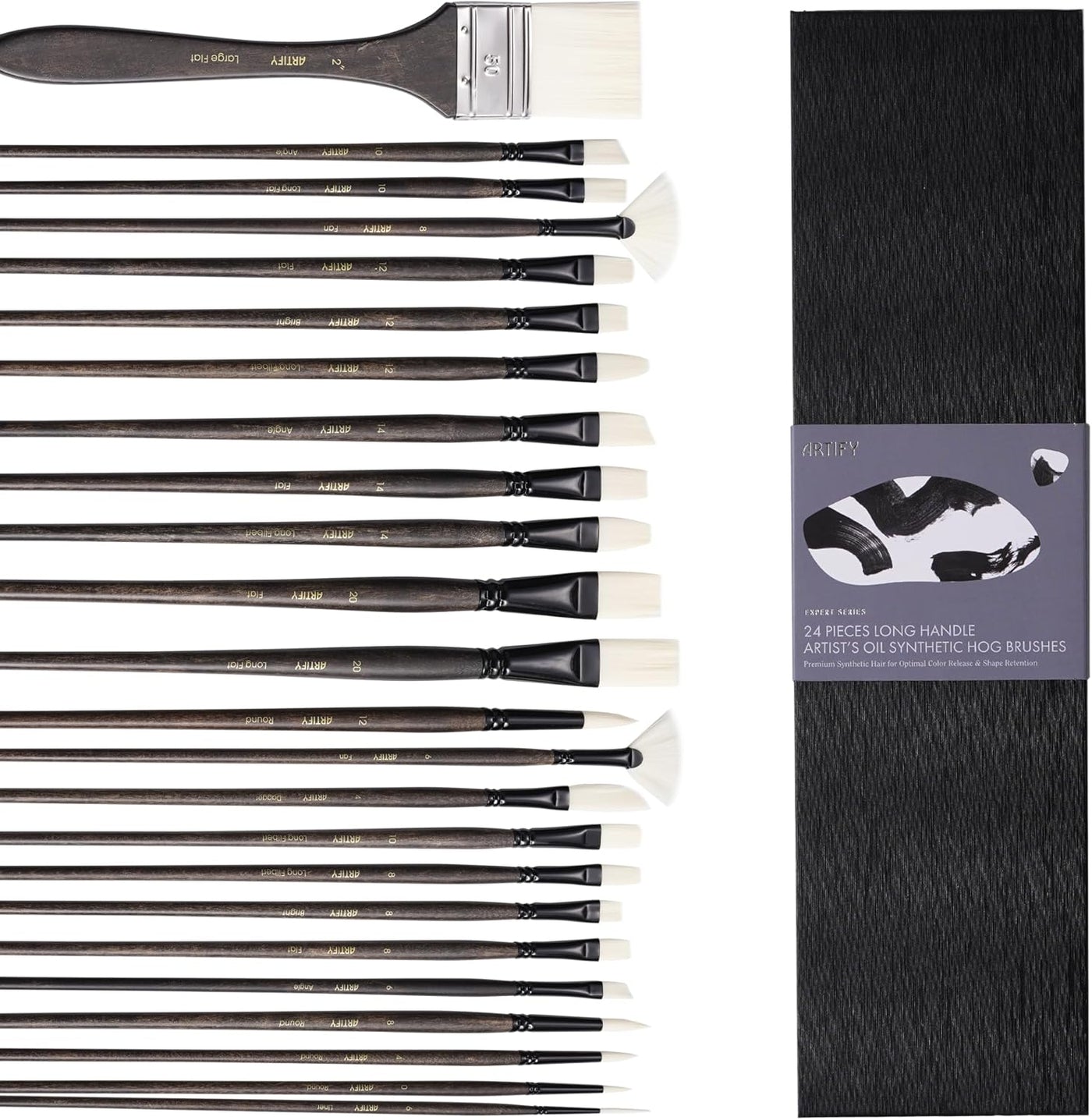 ARTIFY Artists' Oil Synthetic Hog Hair Paint Brush Set, 24 Pieces Long Handle Hard Nylon Oil Paint Brushes, Professional Paint Brushes for Oil, Acrylic Painting