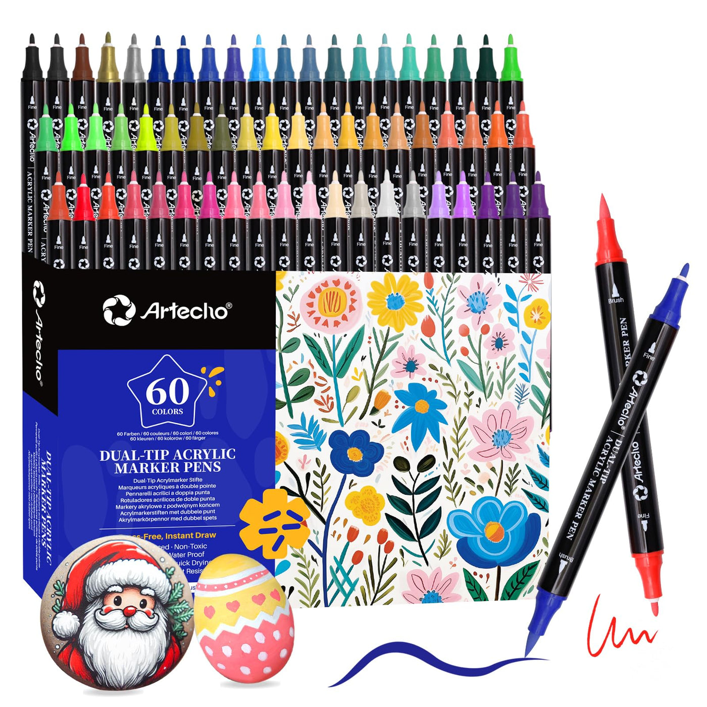 Artecho Acrylic Paint Markers 48 Colors, Acrylic Paint Pens with Brush Tip and Fine Tip for Stone, Rock Painting, Paper, Pumpkin, Wood, Egg, Canvas, Ceramic, Fabric, leather, Glass, DIY Crafts