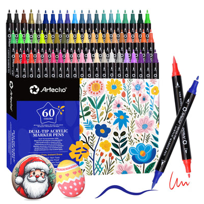 Artecho Acrylic Paint Markers 48 Colors, Acrylic Paint Pens with Brush Tip and Fine Tip for Stone, Rock Painting, Paper, Pumpkin, Wood, Egg, Canvas, Ceramic, Fabric, leather, Glass, DIY Crafts