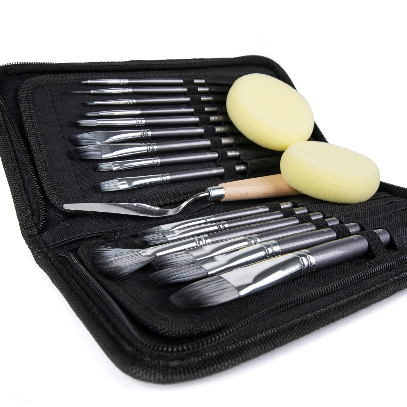 18 Piece Paint Brush Set, ARTIFY 15 Acrylic Paint Brushes, Palette Knife, and 2 Sponges, Professional Artist Paint Brushes for Acrylics, Watercolors, Gouache, Canvas, and Face Painting, Pearl White