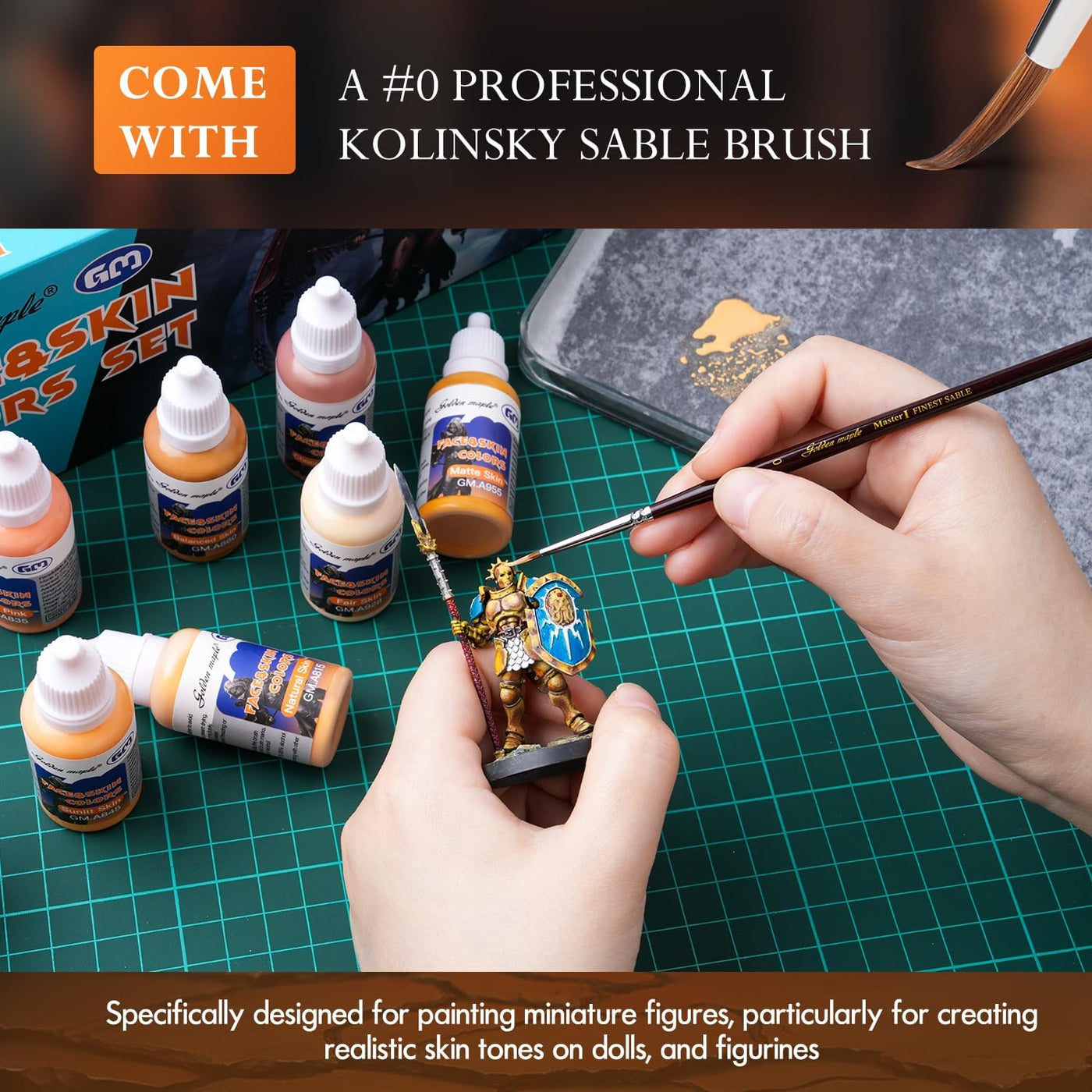 golden maple 8 Realistic Skin Tone Acrylic Paint Set + Premium Kolinsky Sable Brush – Professional Miniature Model, Dolls & Figure Painting, Airbrush Compatible, 20ml (0.67 Fl Oz)