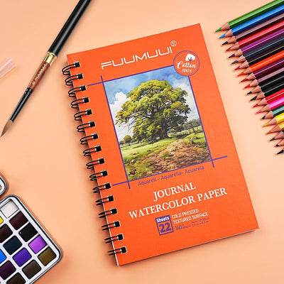 Fuumuui Watercolor Sketchbook - 5.5x8.5-inch, 100% Cotton Paper, Cold Pressed, 140 lb/300gsm, 22 Sheets for Travel Notebook