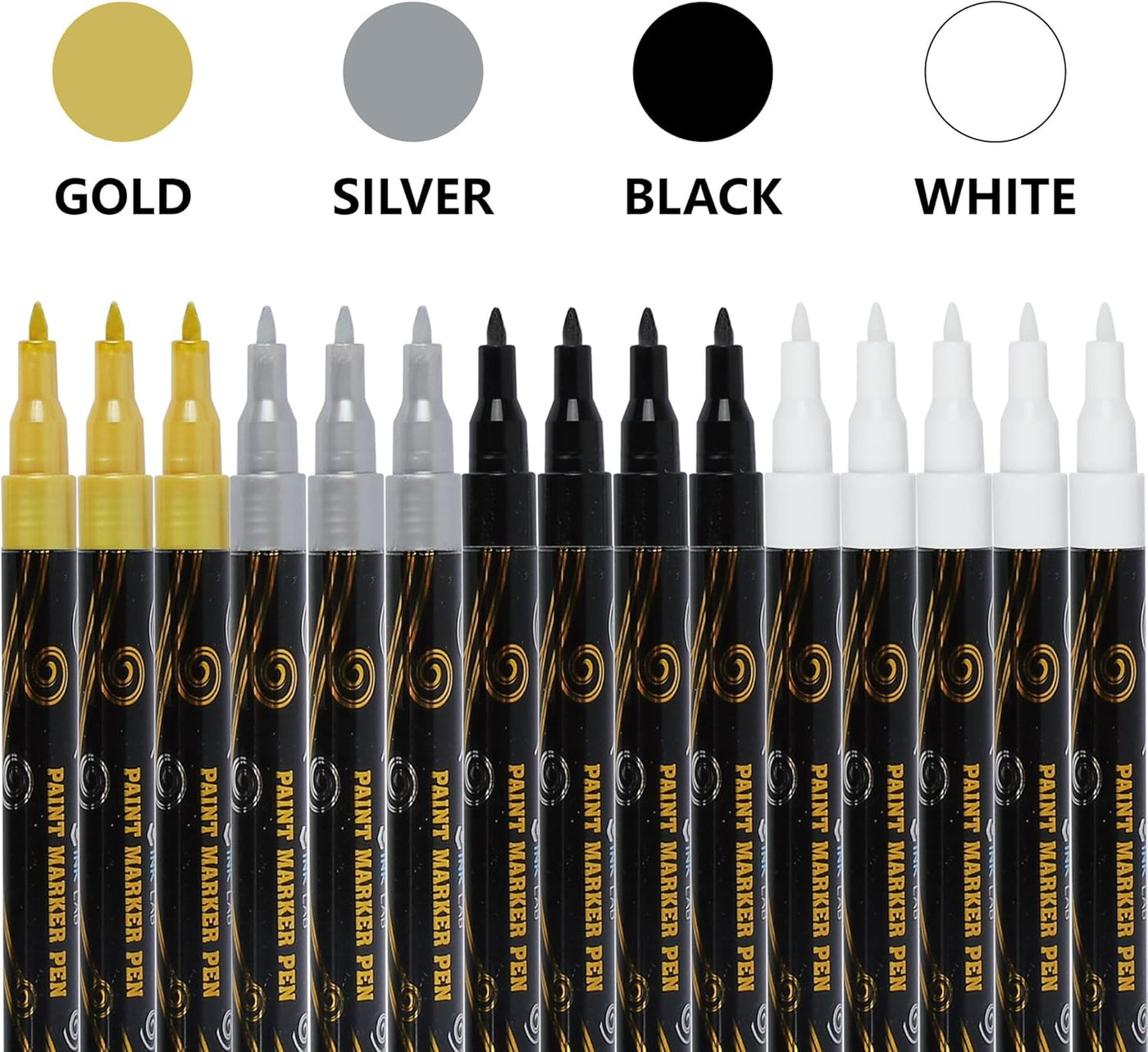 INK LAB 15 Pcs Acrylic Paint Markers Acrylic Markers Metallic for Stone Wood Glass Canvas Ceramic, 5 White 4 Black 3 Gold & 3 Silver, DIY Crafts Making Art Supplies
