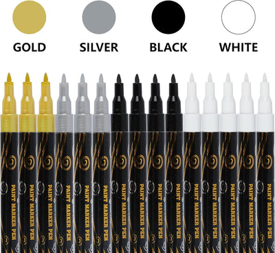 INK LAB 15 Pcs Acrylic Paint Markers Acrylic Markers Metallic for Stone Wood Glass Canvas Ceramic, 5 White 4 Black 3 Gold & 3 Silver, DIY Crafts Making Art Supplies