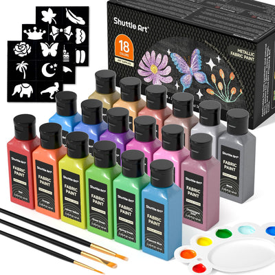 Fabric Paint, Shuttle Art 18 Colors Permanent Soft Fabric Paint in Bottles (60ml/2oz) with Brushes, Palette, Stencils, Non-Toxic Textile Paint for T-Shirts, Shoes, Jeans, Bags, DIY Projects&Art